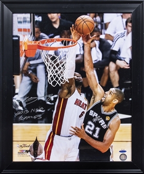 LeBron James Signed 16x20 Framed Photograph Blocking Tim Duncan in NBA Finals with "2013 NBA Champs" Inscription 3/25 (UDA)